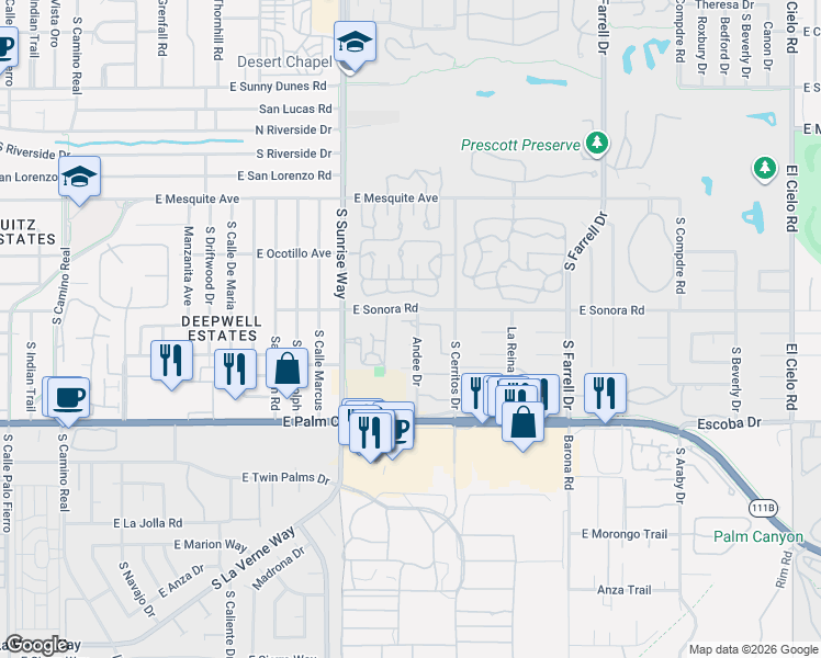 map of restaurants, bars, coffee shops, grocery stores, and more near 1930 East Renee Circle in Palm Springs