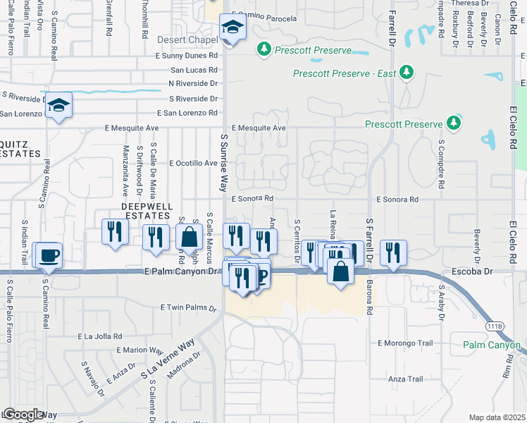 map of restaurants, bars, coffee shops, grocery stores, and more near 1930 East Renee Circle in Palm Springs