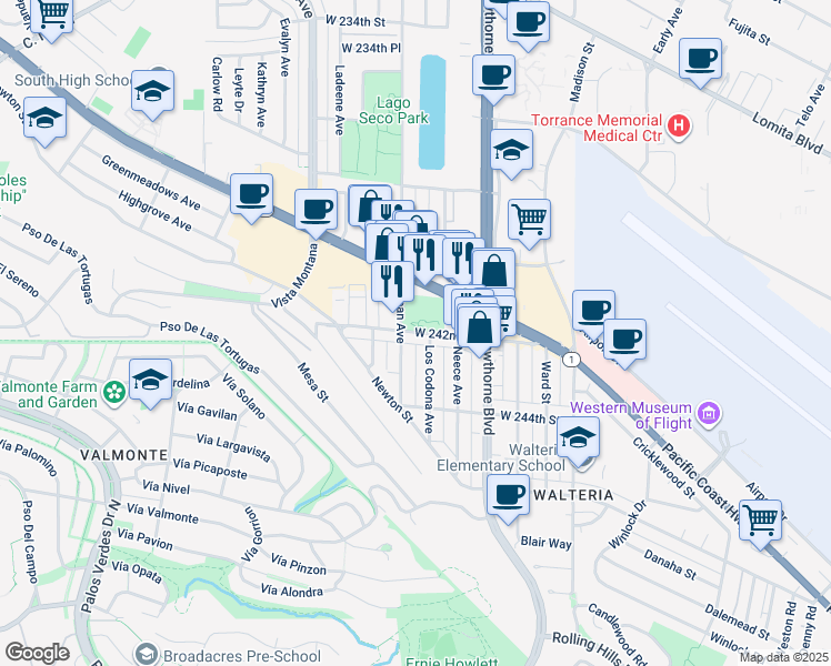 map of restaurants, bars, coffee shops, grocery stores, and more near 24211 Ocean Avenue in Torrance