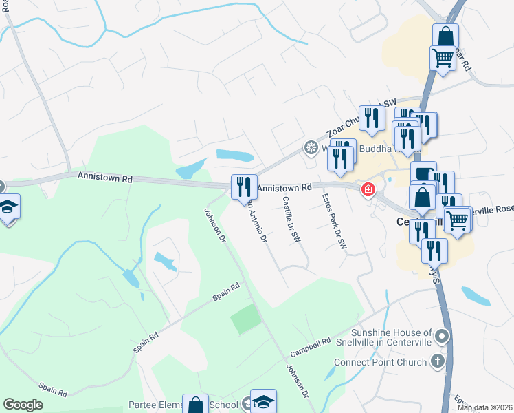 map of restaurants, bars, coffee shops, grocery stores, and more near 3336 San Antonio Drive in Snellville