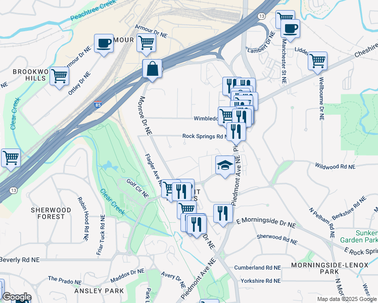 map of restaurants, bars, coffee shops, grocery stores, and more near 772 Piedmont Way Northeast in Atlanta