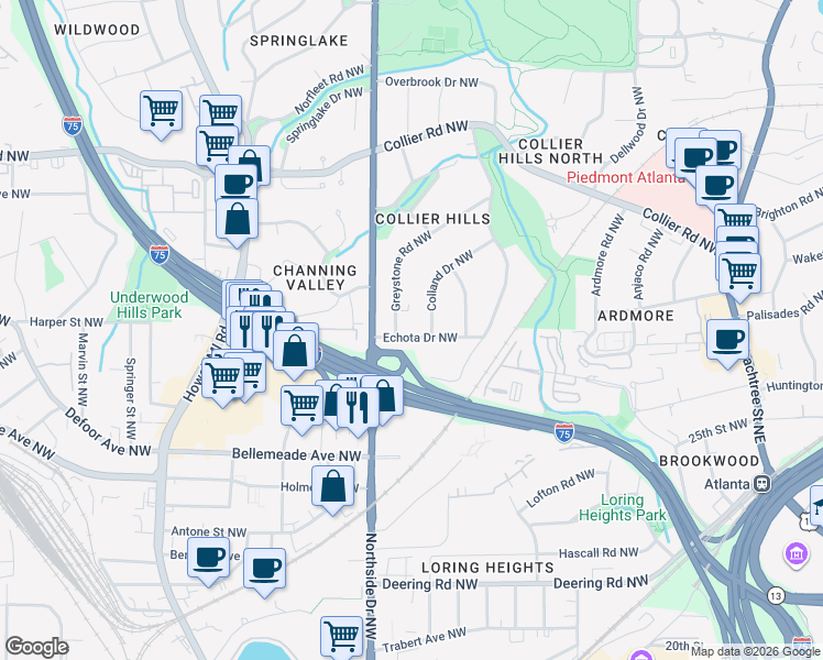 map of restaurants, bars, coffee shops, grocery stores, and more near 1809 Greystone Road Northwest in Atlanta