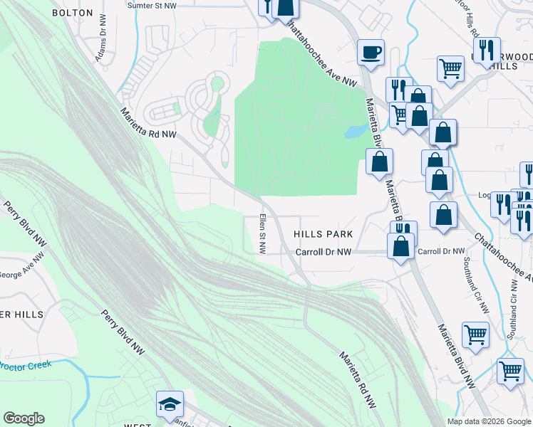 map of restaurants, bars, coffee shops, grocery stores, and more near 1772 Alma Street Northwest in Atlanta