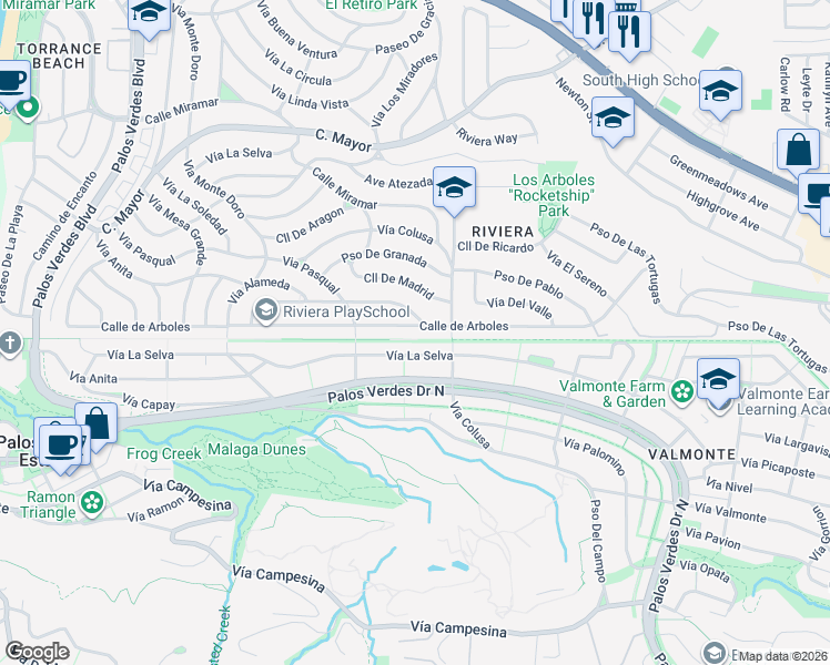 map of restaurants, bars, coffee shops, grocery stores, and more near 848 Calle de Arboles in Redondo Beach
