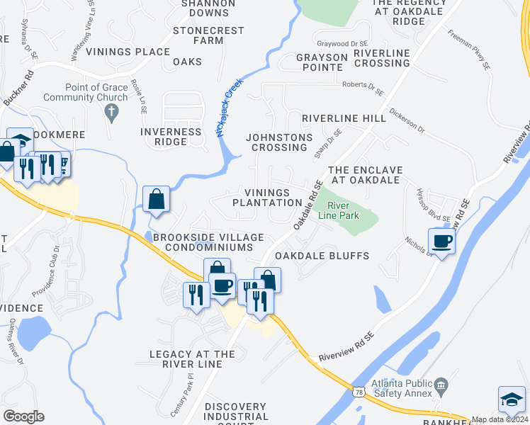 map of restaurants, bars, coffee shops, grocery stores, and more near 6050 Farmwood Way Southeast in Mableton