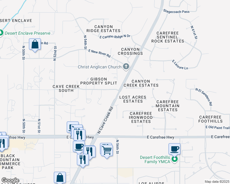 map of restaurants, bars, coffee shops, grocery stores, and more near 5525 East El Sendero Drive in Cave Creek