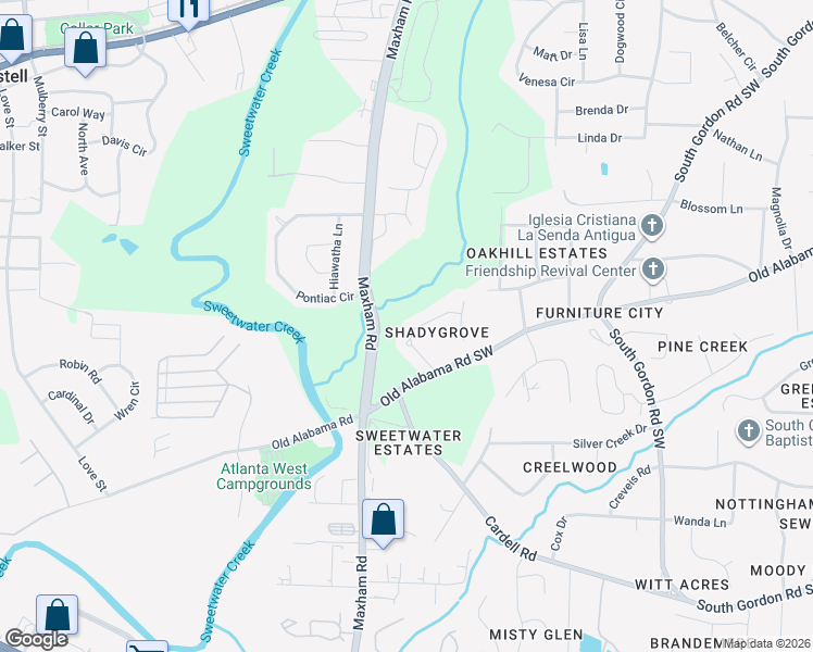 map of restaurants, bars, coffee shops, grocery stores, and more near 2132 Shadygrove Walk in Austell