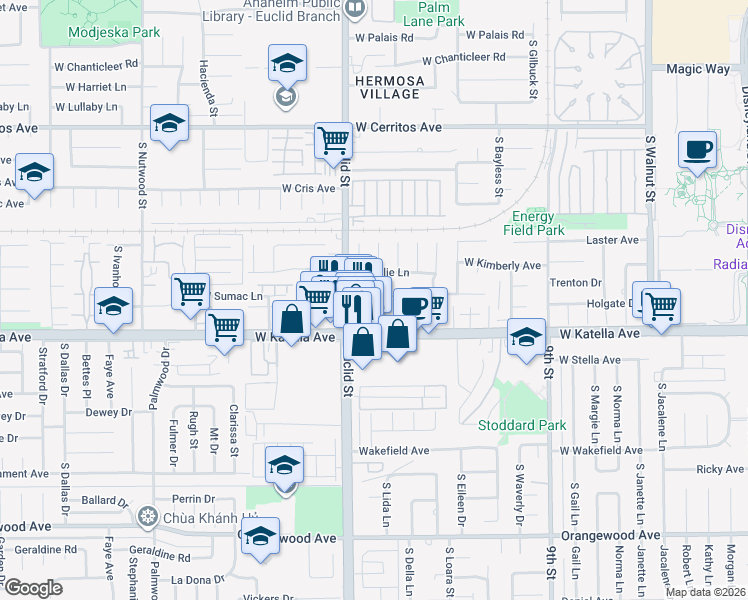 map of restaurants, bars, coffee shops, grocery stores, and more near 1670 West Sumac Lane in Anaheim