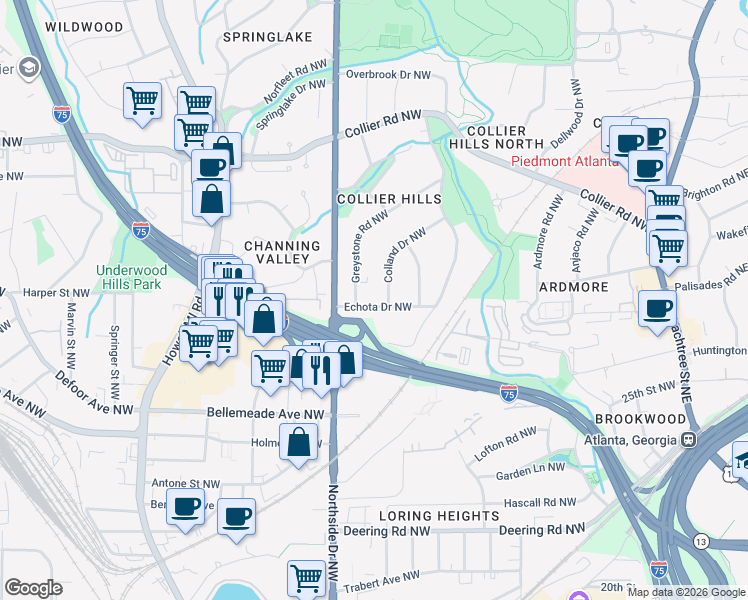 map of restaurants, bars, coffee shops, grocery stores, and more near 548 Echota Drive Northwest in Atlanta