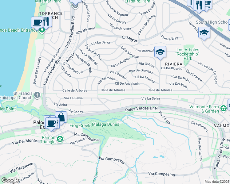 map of restaurants, bars, coffee shops, grocery stores, and more near 630 Calle de Arboles in Redondo Beach