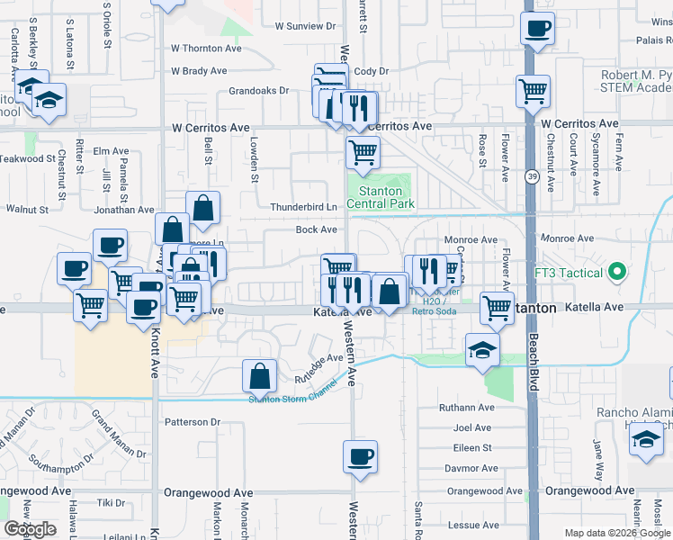 map of restaurants, bars, coffee shops, grocery stores, and more near 10881 Scottsbluff Drive in Stanton