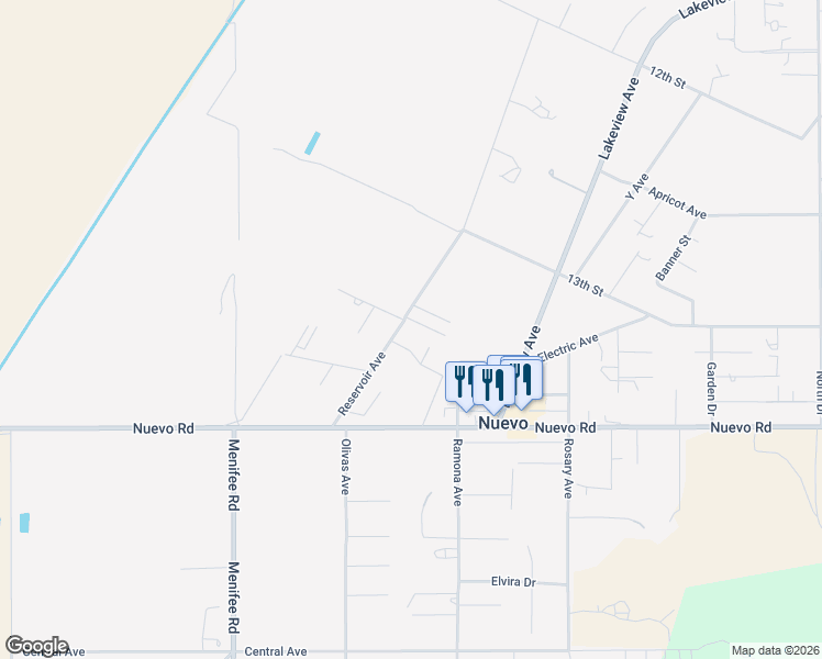 map of restaurants, bars, coffee shops, grocery stores, and more near 28247 Reservoir Avenue in Nuevo