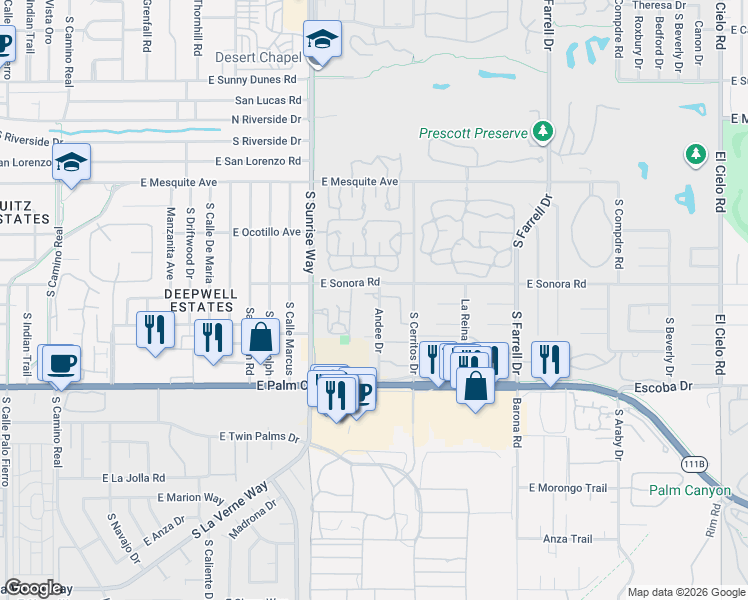 map of restaurants, bars, coffee shops, grocery stores, and more near 1930 East Renee Circle in Palm Springs