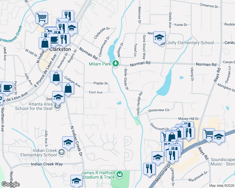 map of restaurants, bars, coffee shops, grocery stores, and more near 3804 Cottage Circle in Clarkston