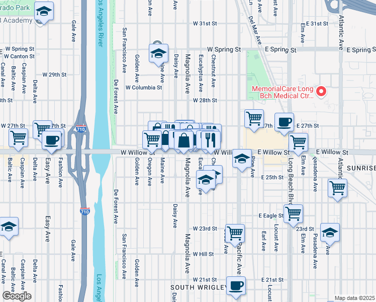 map of restaurants, bars, coffee shops, grocery stores, and more near Magnolia Ave & W Willow St in Long Beach