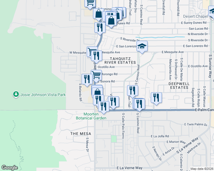 map of restaurants, bars, coffee shops, grocery stores, and more near 1450 Vía Soledad in Palm Springs