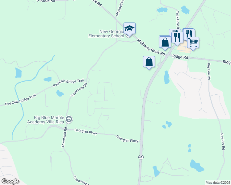 map of restaurants, bars, coffee shops, grocery stores, and more near 2211 Meriwether Rty in Villa Rica