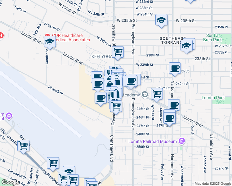 map of restaurants, bars, coffee shops, grocery stores, and more near 24406 Crenshaw Boulevard in Torrance