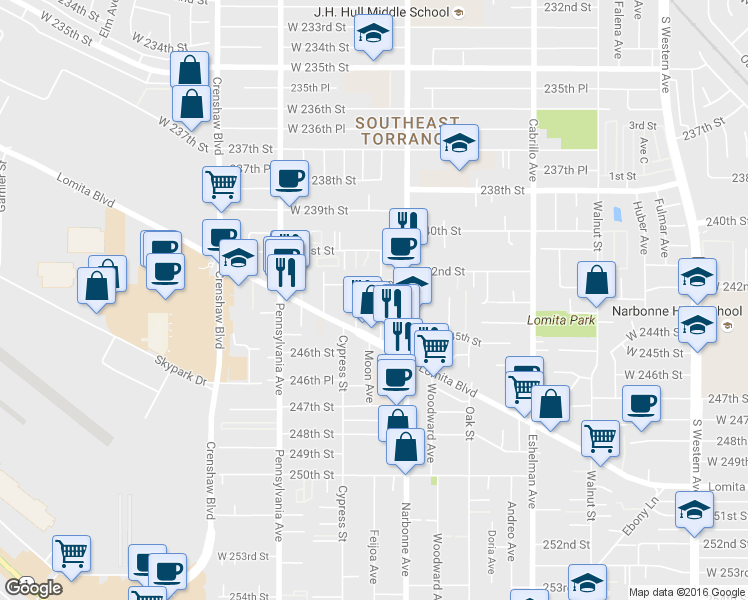 map of restaurants, bars, coffee shops, grocery stores, and more near 24317 Alliene Avenue in Lomita