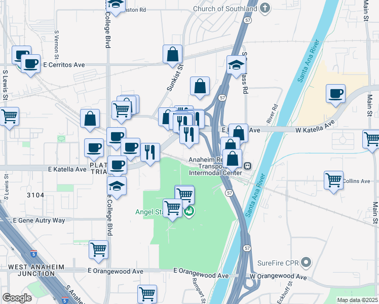 map of restaurants, bars, coffee shops, grocery stores, and more near 2400 East Katella Avenue in Anaheim