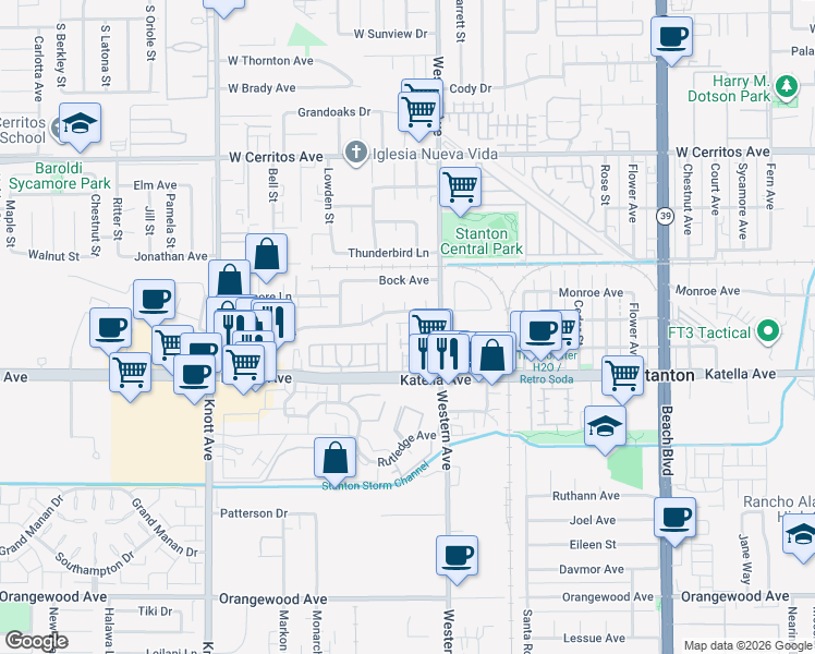 map of restaurants, bars, coffee shops, grocery stores, and more near 7444 Skyline Drive in Stanton