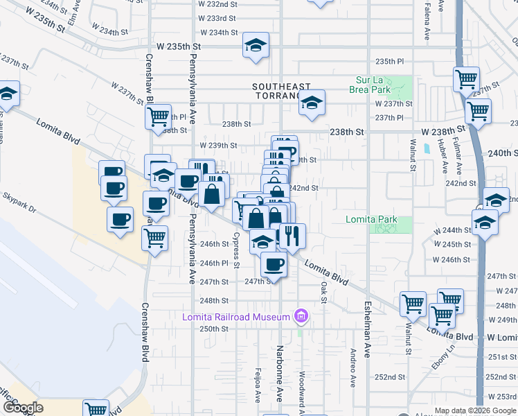 map of restaurants, bars, coffee shops, grocery stores, and more near 24317 Alliene Avenue in Lomita