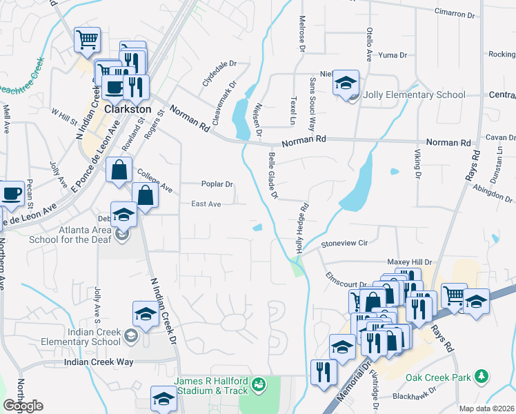 map of restaurants, bars, coffee shops, grocery stores, and more near 776 Ridgeland Trail in Clarkston