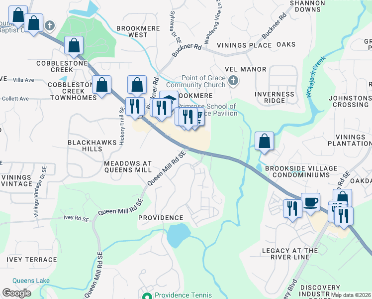 map of restaurants, bars, coffee shops, grocery stores, and more near 6221 Providence Club Drive in Mableton