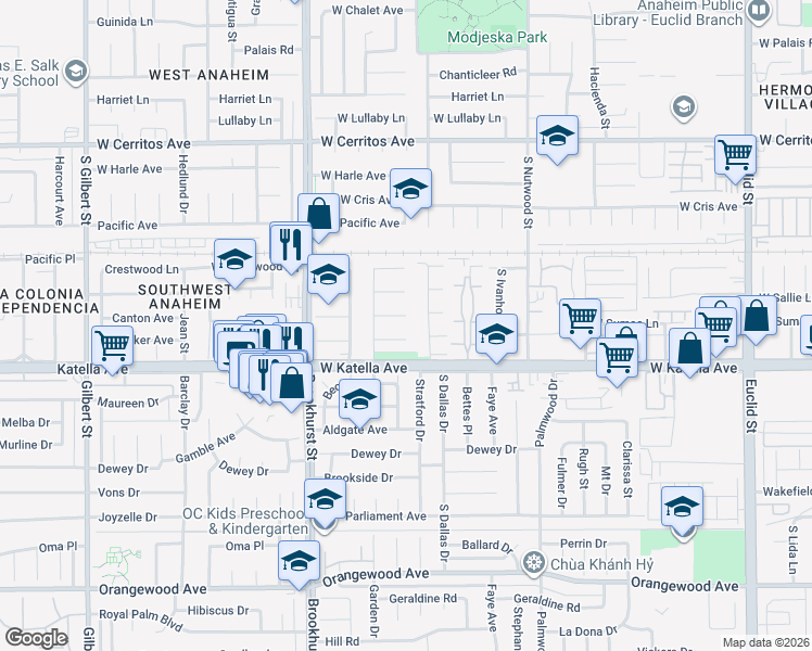map of restaurants, bars, coffee shops, grocery stores, and more near 2106 West Judith Lane in Anaheim