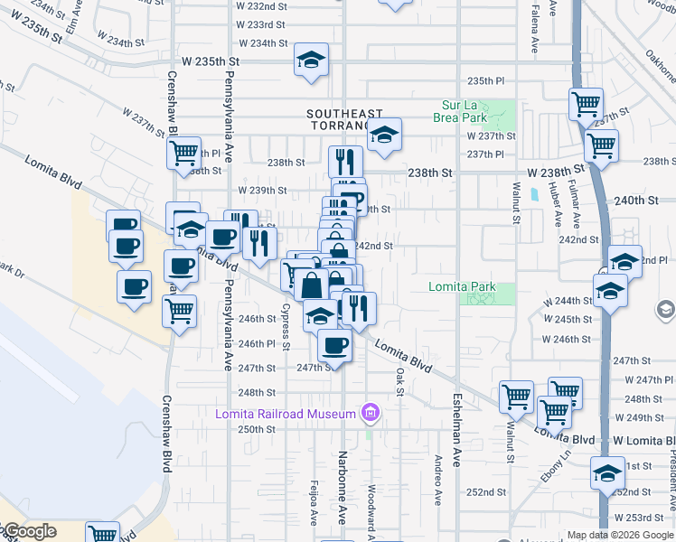 map of restaurants, bars, coffee shops, grocery stores, and more near 24319 Narbonne Avenue in Lomita