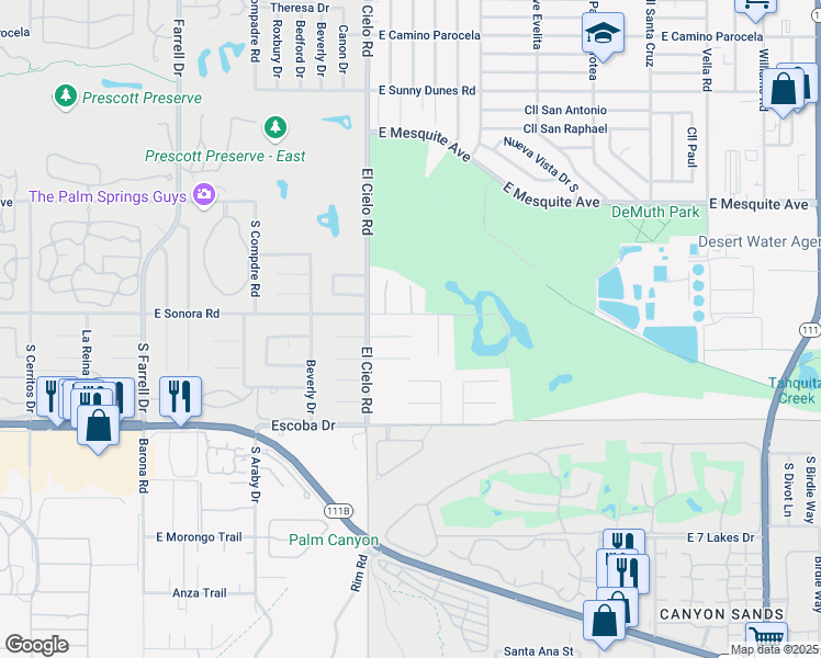 map of restaurants, bars, coffee shops, grocery stores, and more near 3492 East Loma Vista Circle in Palm Springs