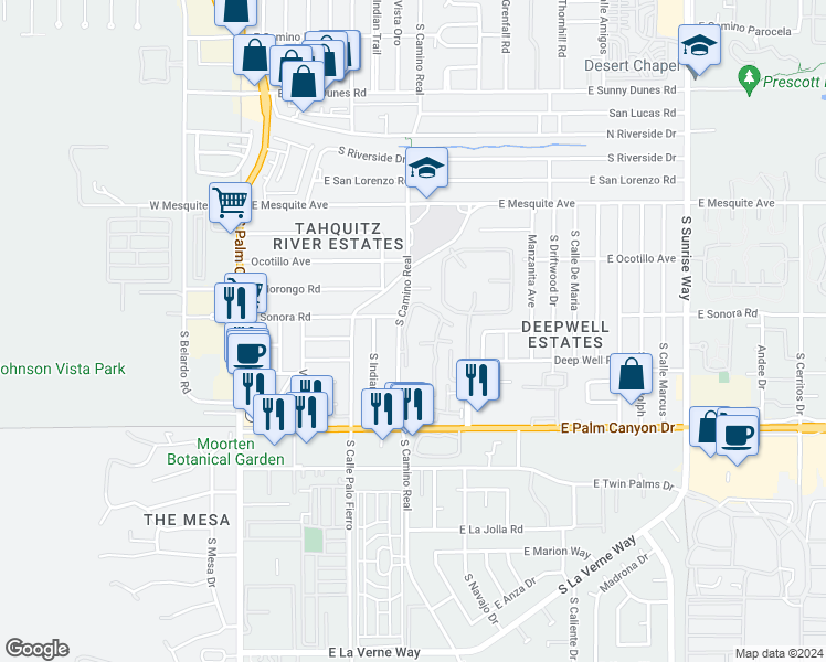 map of restaurants, bars, coffee shops, grocery stores, and more near 1515 South Camino Real in Palm Springs