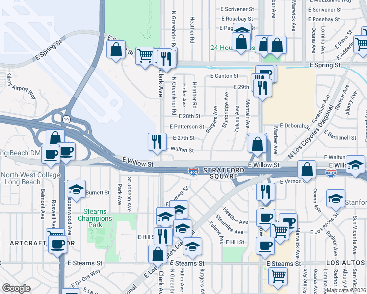 map of restaurants, bars, coffee shops, grocery stores, and more near 5170 East Walton Street in Long Beach