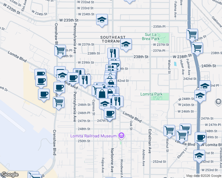 map of restaurants, bars, coffee shops, grocery stores, and more near 24319 Narbonne Avenue in Lomita