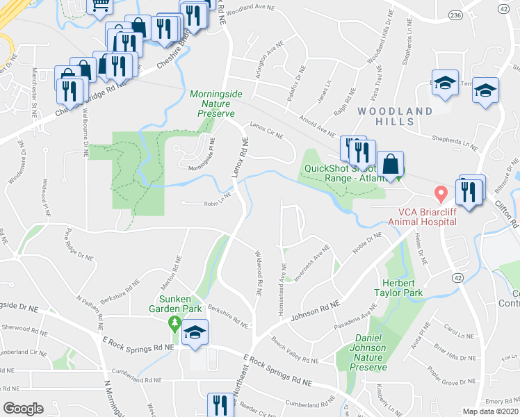 map of restaurants, bars, coffee shops, grocery stores, and more near 1811 Lenox Road Northeast in Atlanta