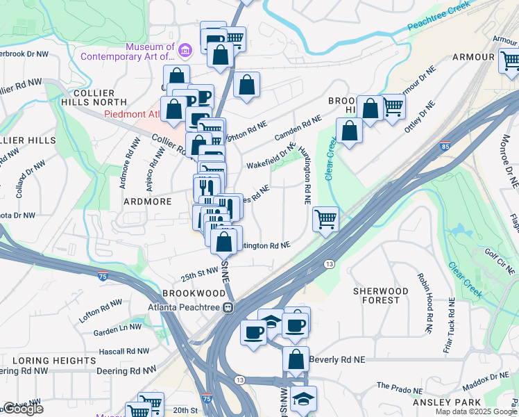 map of restaurants, bars, coffee shops, grocery stores, and more near 57 Northwood Avenue Northeast in Atlanta