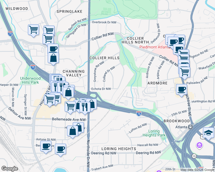map of restaurants, bars, coffee shops, grocery stores, and more near 510 Echota Drive Northwest in Atlanta
