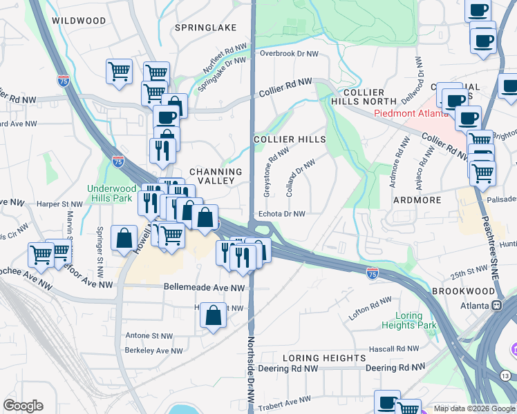 map of restaurants, bars, coffee shops, grocery stores, and more near 1814 Greystone Road Northwest in Atlanta