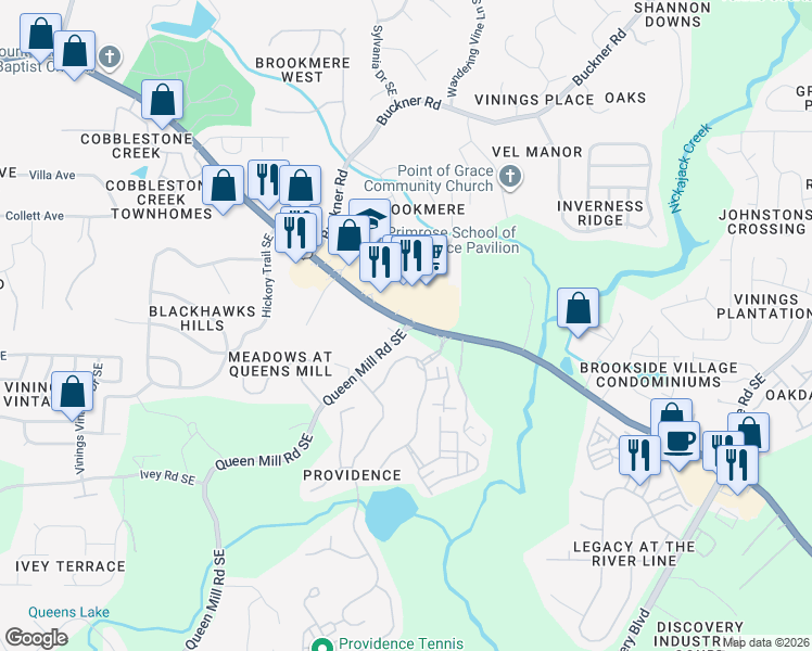 map of restaurants, bars, coffee shops, grocery stores, and more near 6221 Providence Club Drive in Mableton