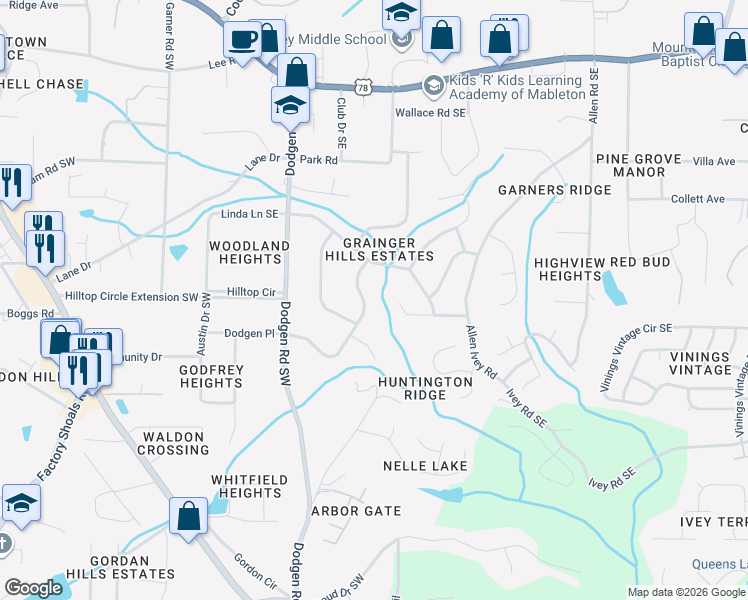 map of restaurants, bars, coffee shops, grocery stores, and more near 6093 Venetian Way Southwest in Mableton
