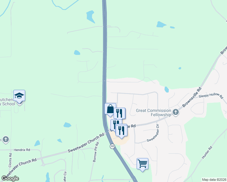 map of restaurants, bars, coffee shops, grocery stores, and more near 592 Water Way Trail in Powder Springs