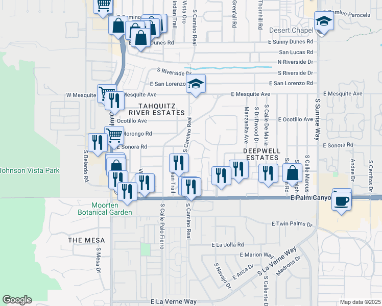 map of restaurants, bars, coffee shops, grocery stores, and more near 1428 South Camino Real in Palm Springs