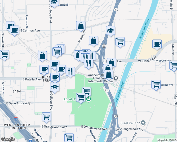 map of restaurants, bars, coffee shops, grocery stores, and more near 2400 East Katella Avenue in Anaheim