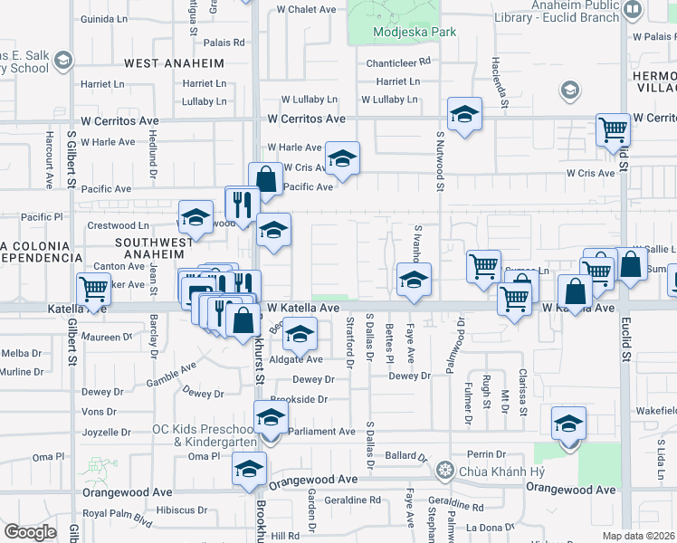 map of restaurants, bars, coffee shops, grocery stores, and more near 2106 West Judith Lane in Anaheim