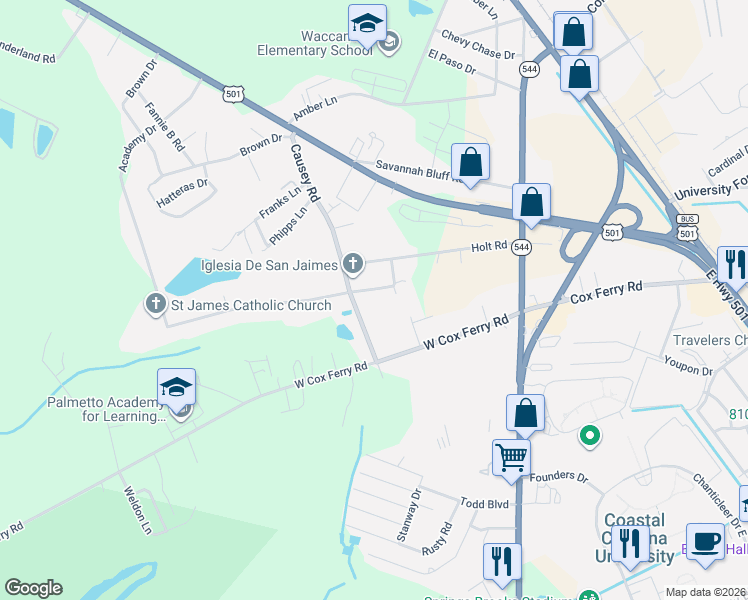 map of restaurants, bars, coffee shops, grocery stores, and more near 1050 Allen Street in Conway
