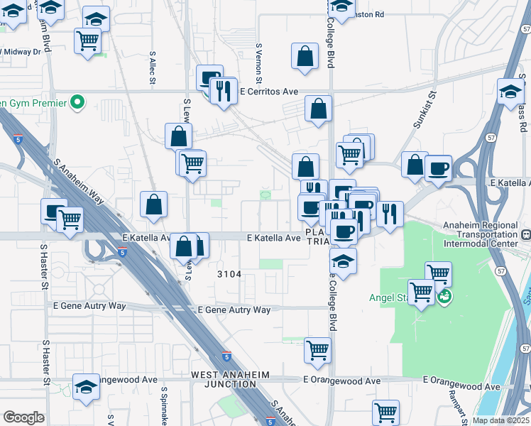 map of restaurants, bars, coffee shops, grocery stores, and more near 1515 East Katella Avenue in Anaheim