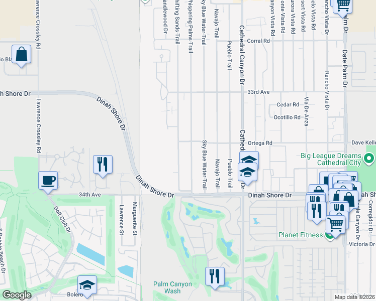 map of restaurants, bars, coffee shops, grocery stores, and more near 33640 Shifting Sands Trail in Cathedral City
