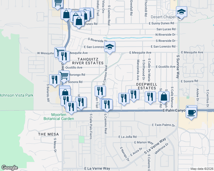 map of restaurants, bars, coffee shops, grocery stores, and more near 1515 South Camino Real in Palm Springs