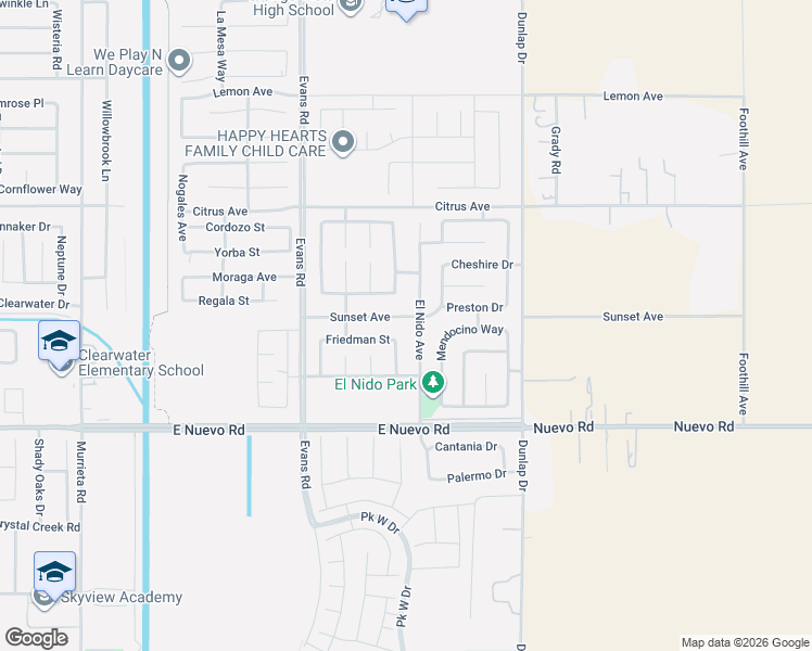 map of restaurants, bars, coffee shops, grocery stores, and more near 1343 Friedman Street in Perris