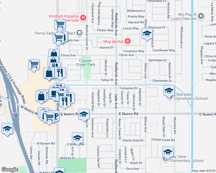 map of restaurants, bars, coffee shops, grocery stores, and more near 1765 Amethyst Drive in Perris